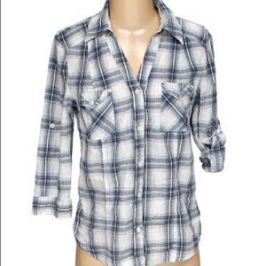 Blue and white plaid button down shirt.